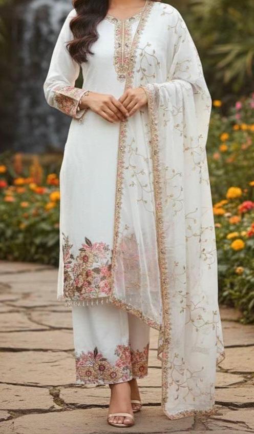 White Floral Embroidered Straight Suit Set with Dupatta