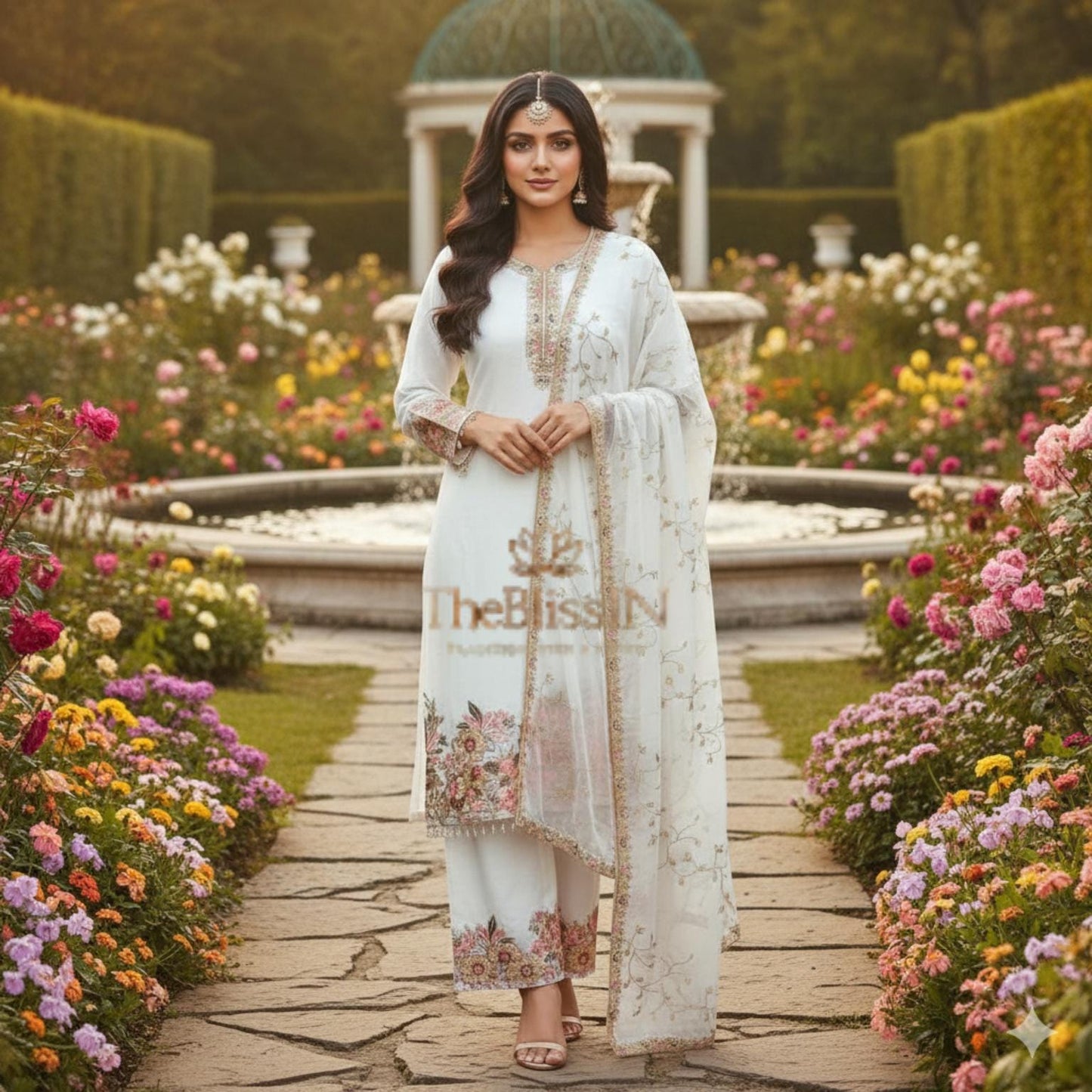 White Floral Embroidered Straight Suit Set with Dupatta