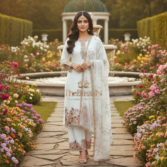 White Floral Embroidered Straight Suit Set with Dupatta