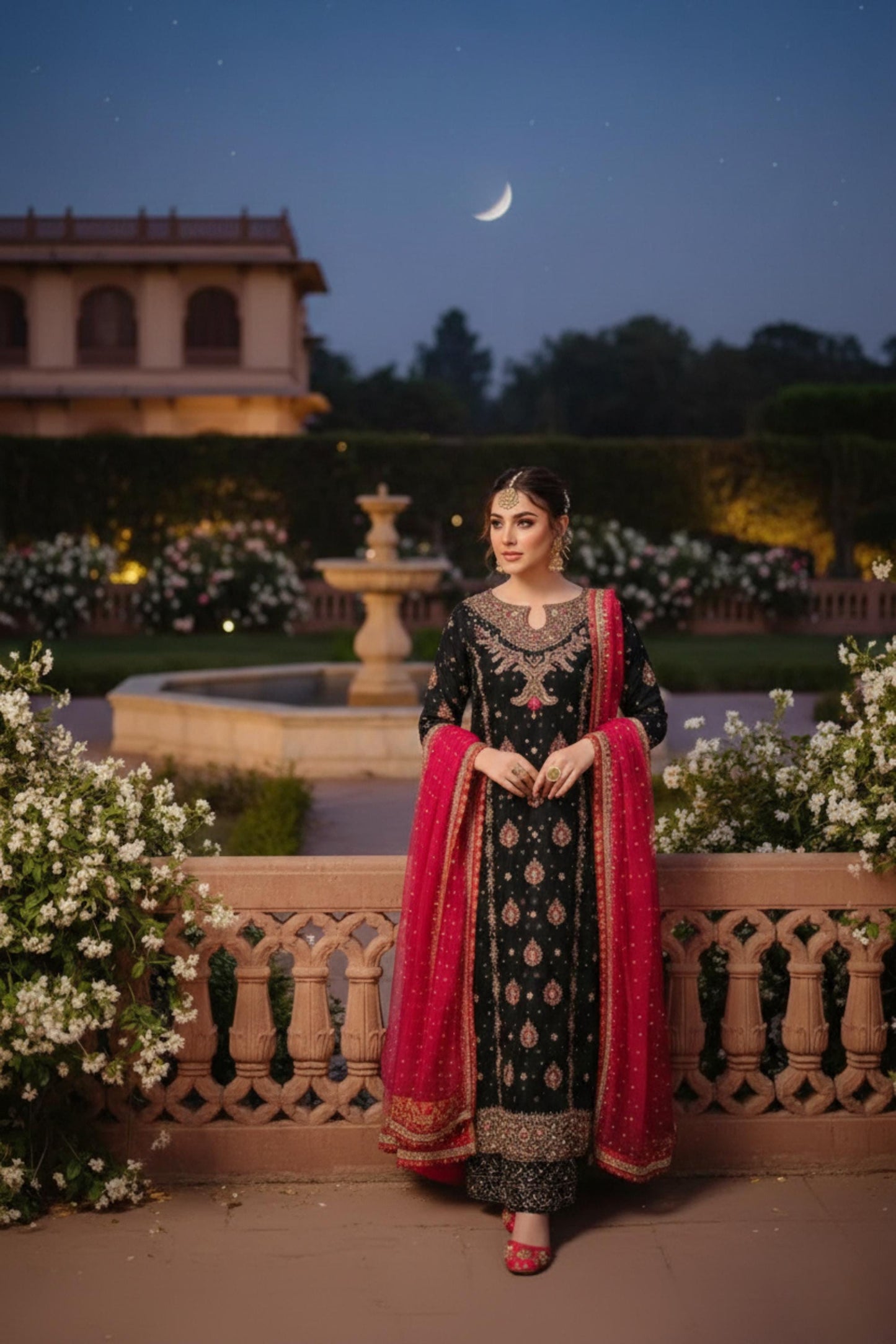 Designer Black Georgette Pakistani-Style Kameez and Trouser Suit With Pink Dupatta