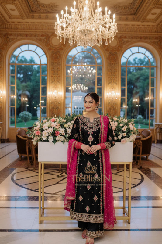Designer Black Georgette Pakistani-Style Kameez and Trouser Suit With Pink Dupatta