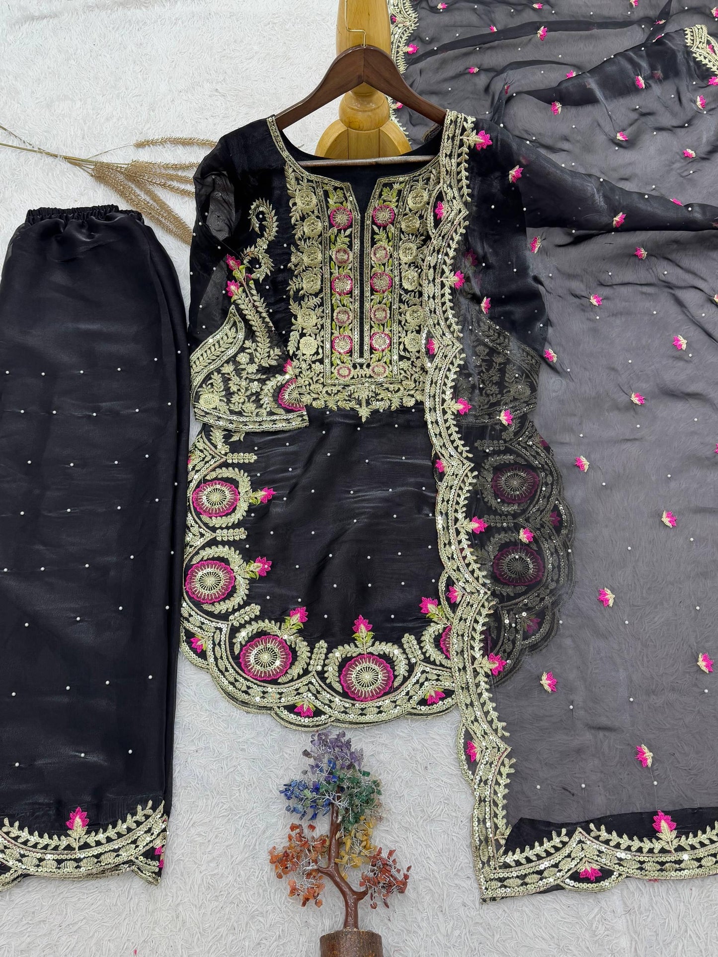 Black Pure Silk Palazzo Suit with Heavy Embroidery & Organza Dupatta