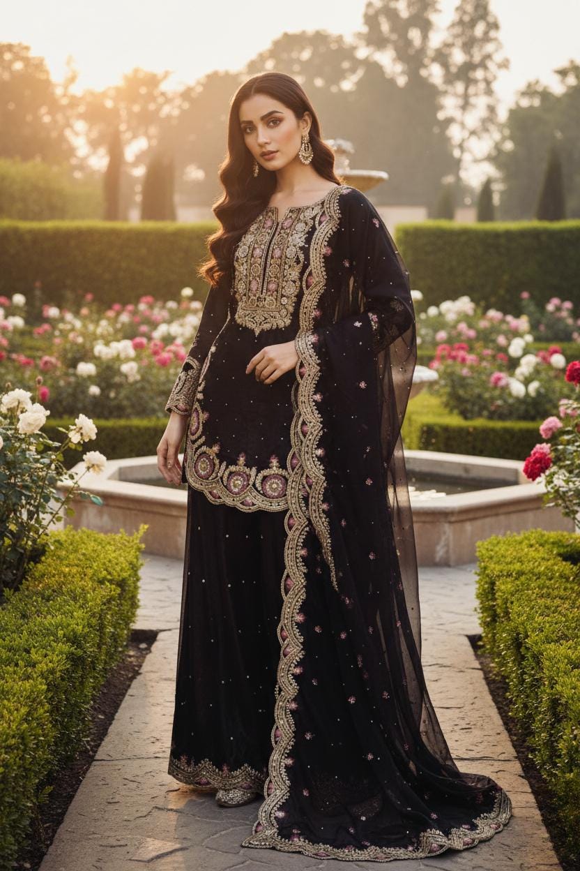 Black Pure Silk Palazzo Suit with Heavy Embroidery & Organza Dupatta