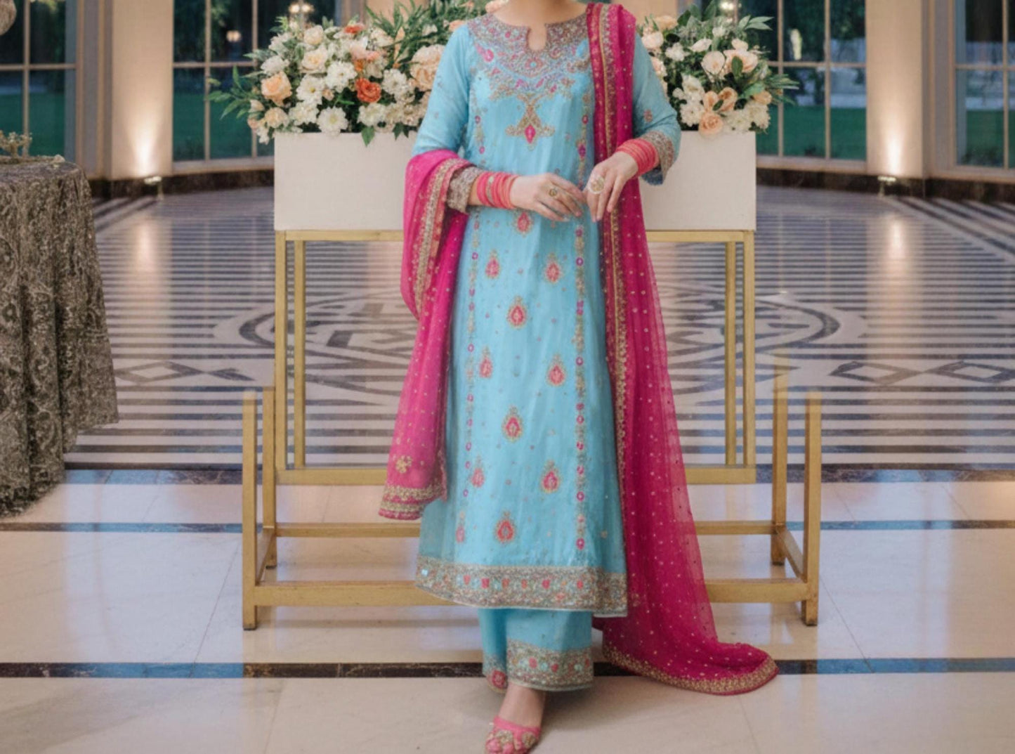 Punjabi Styled 3-Piece Embroidered Palazzo Suit Ethnic Dress