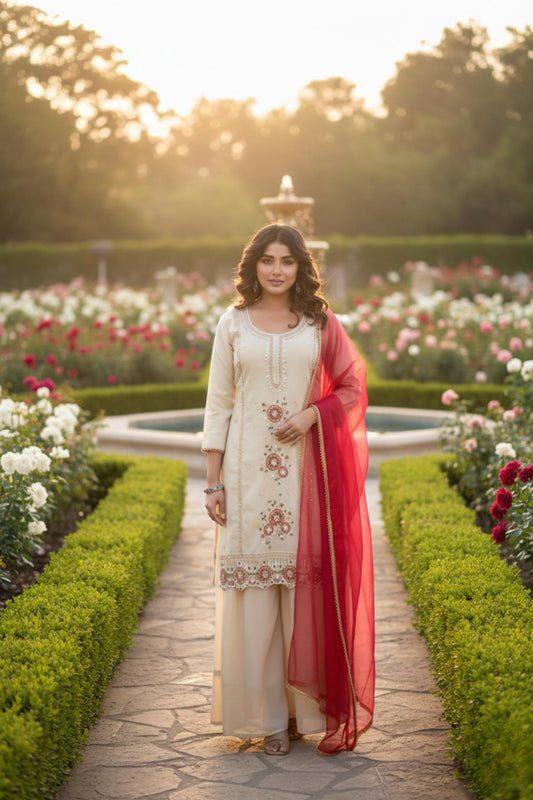 Elegant Ivory Kurti Palazzo Set with Pink Dupatta Set | Embroidered Festive Wear for Women