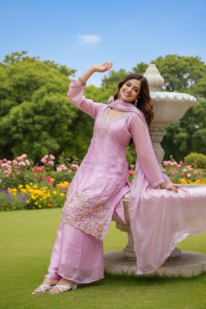 Designer Acrylic Pink Embroidered Silk Kurti Palazzo Suit with Dupatta Set