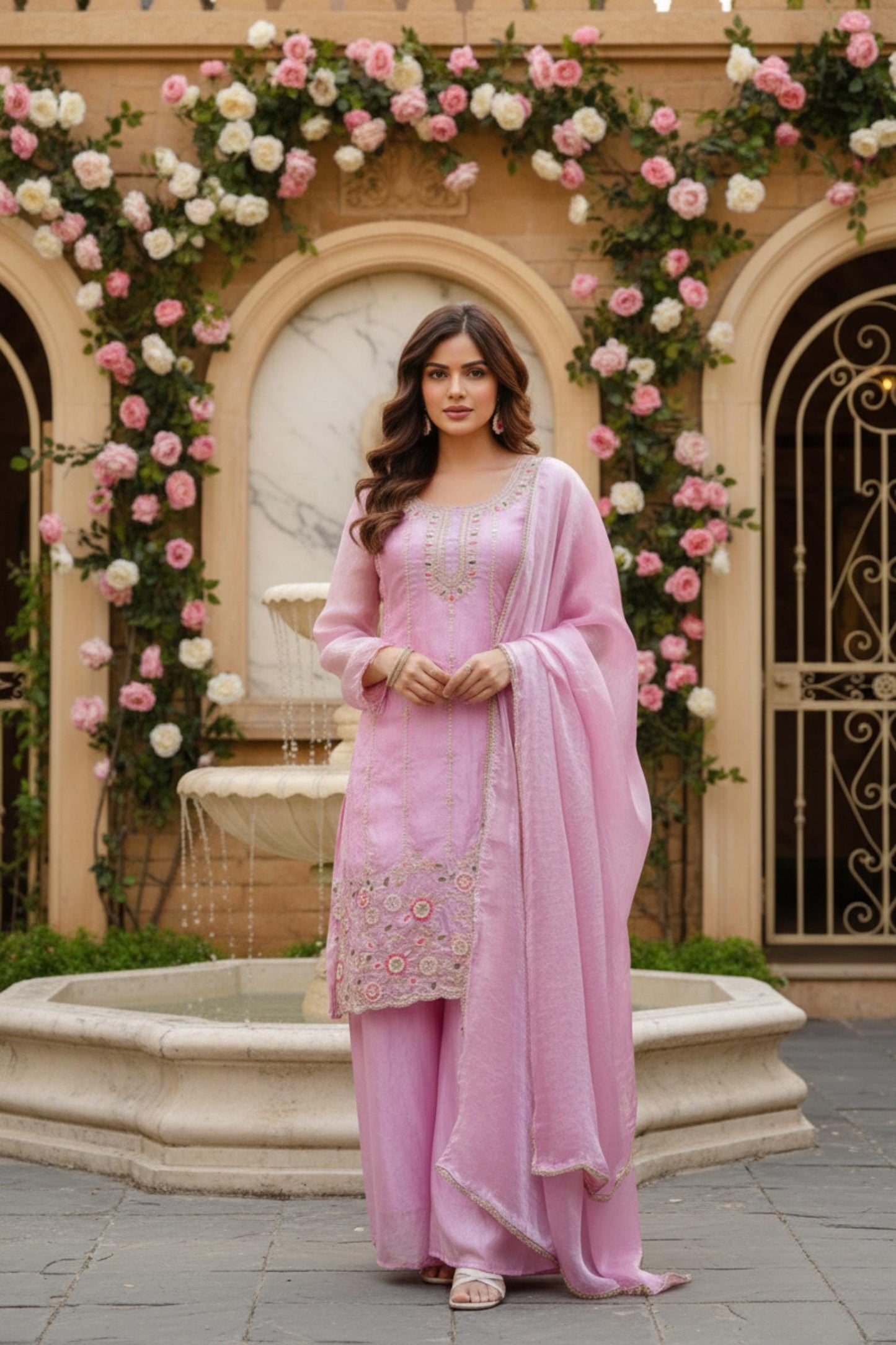 Designer Acrylic Pink Embroidered Silk Kurti Palazzo Suit with Dupatta Set