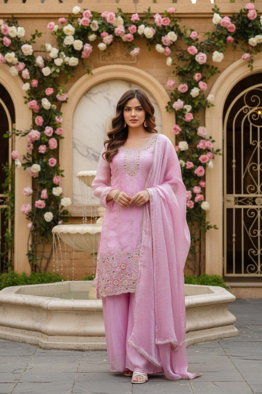 Designer Acrylic Pink Embroidered Silk Kurti Palazzo Suit with Dupatta Set