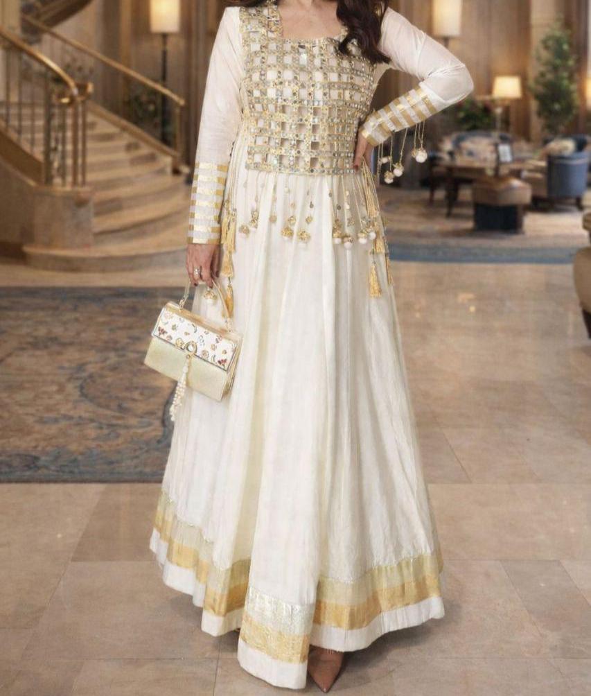 Designer Ivory Rangoli Silk Anarkali Gown with Mirror Work Koti | Designer Ethnic Women Set