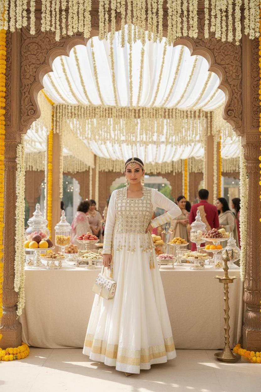 Designer Ivory Rangoli Silk Anarkali Gown with Mirror Work Koti | Designer Ethnic Women Set