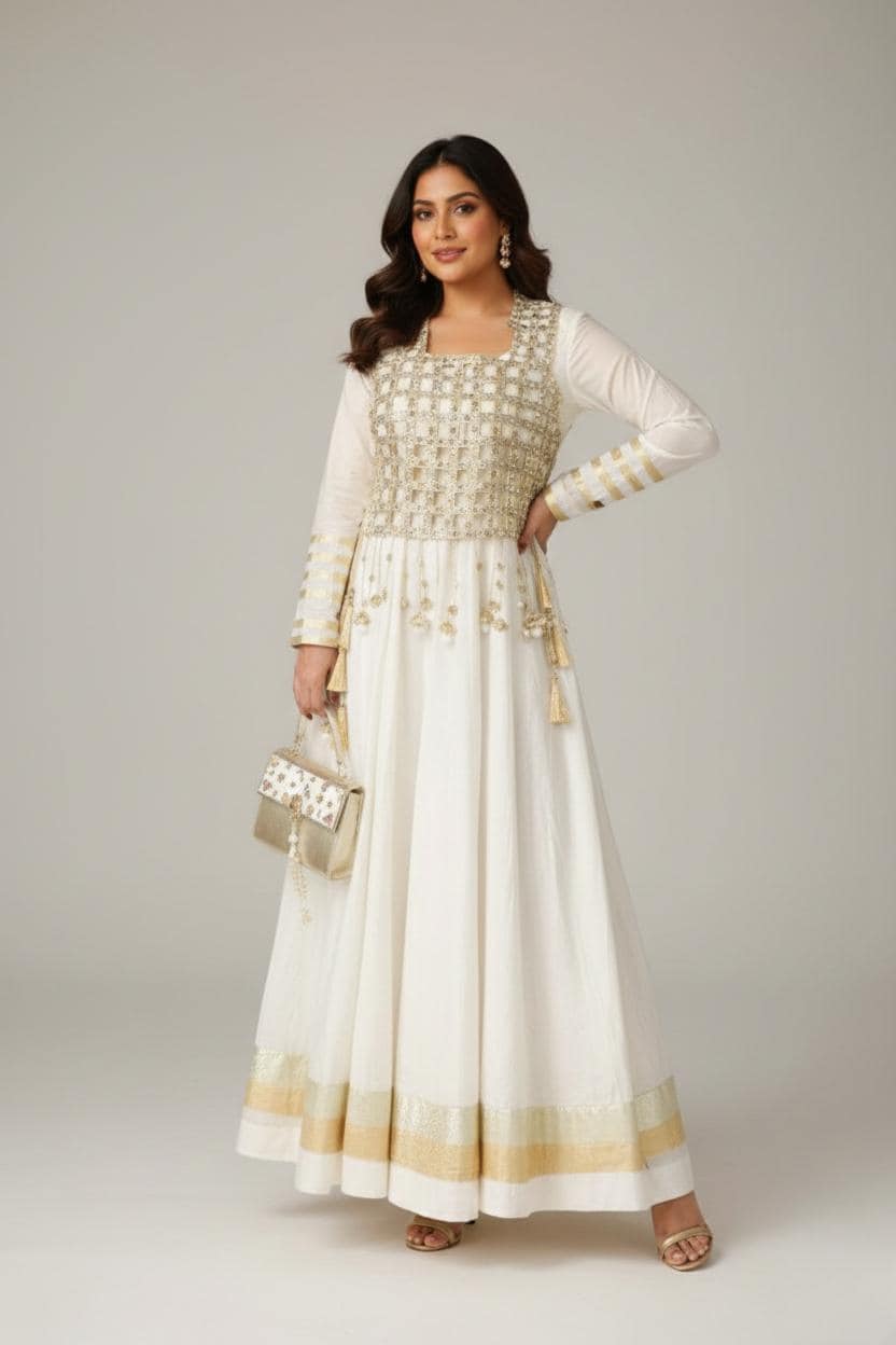 Designer Ivory Rangoli Silk Anarkali Gown with Mirror Work Koti | Designer Ethnic Women Set
