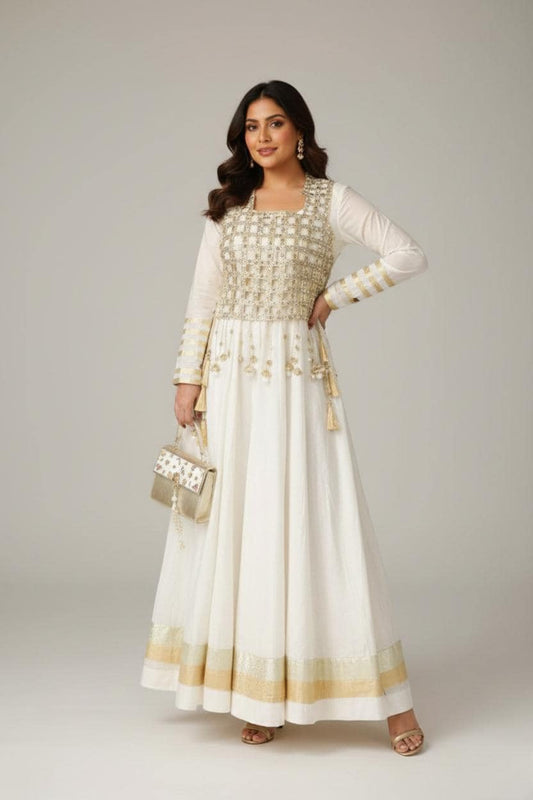 Designer Ivory Rangoli Silk Anarkali Gown with Mirror Work Koti | Designer Ethnic Women Set