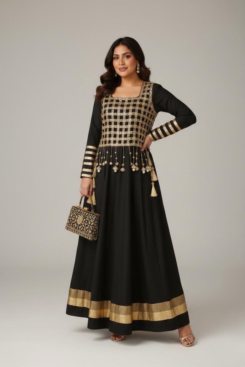 Designer Black Rangoli Silk Anarkali Gown with Mirror Work Koti | Designer Ethnic Women Set