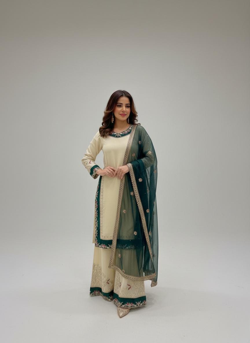 Designer White Silk Palazzo With Teal Green Dupatta Embroidered Set - Indian Long Kurta
