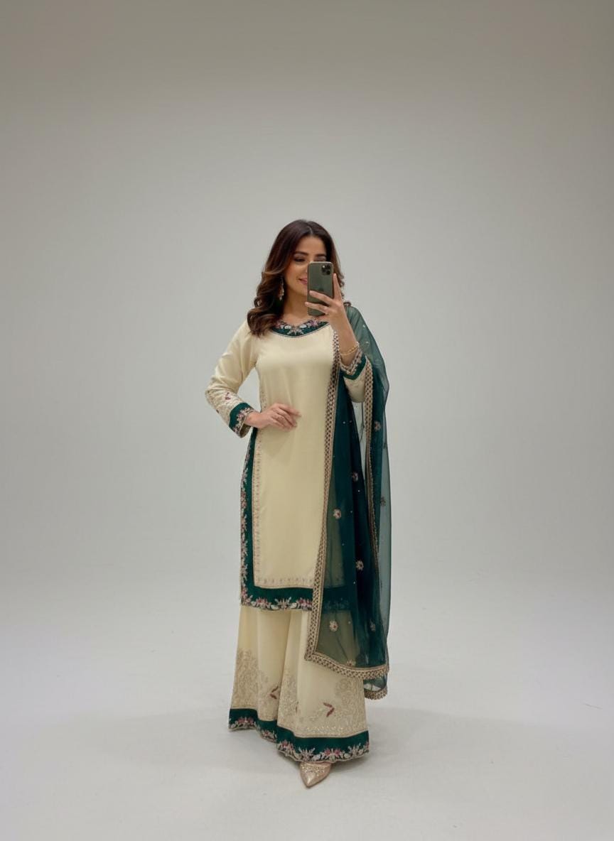 Designer White Silk Palazzo With Teal Green Dupatta Embroidered Set - Indian Long Kurta