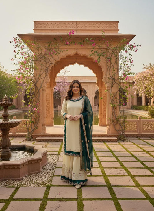 Designer White Silk Palazzo With Teal Green Dupatta Embroidered Set - Indian Long Kurta