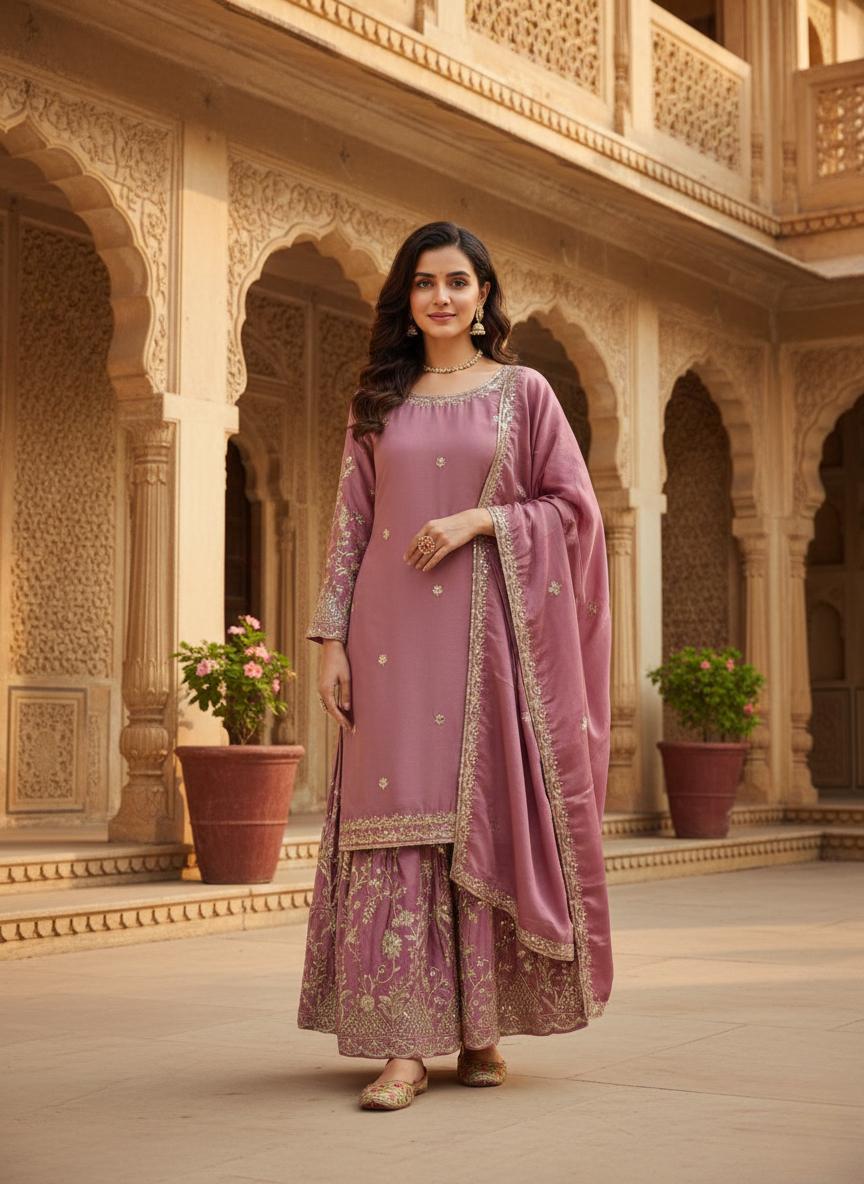 Pink Mauve Embroidered Kurta with Palazzo Suit & Dupatta Set - Festive Wear