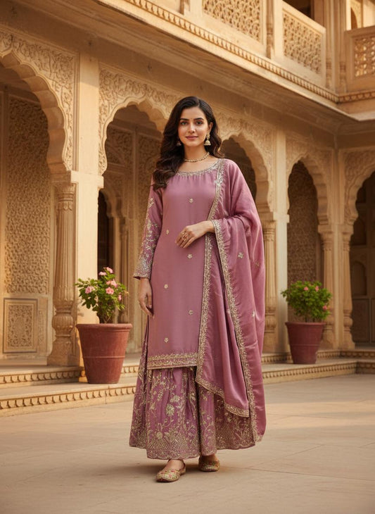 Pink Mauve Embroidered Kurta with Palazzo Suit & Dupatta Set - Festive Wear