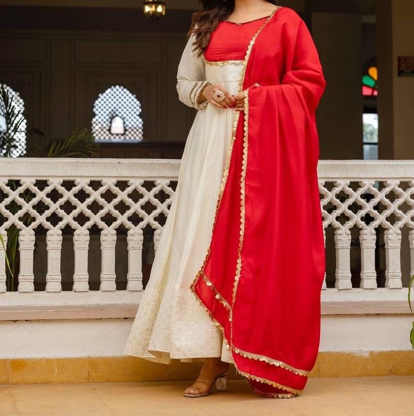 Designer Silk Anarkali Gown Sequin Detailed with Red Dupatta Set