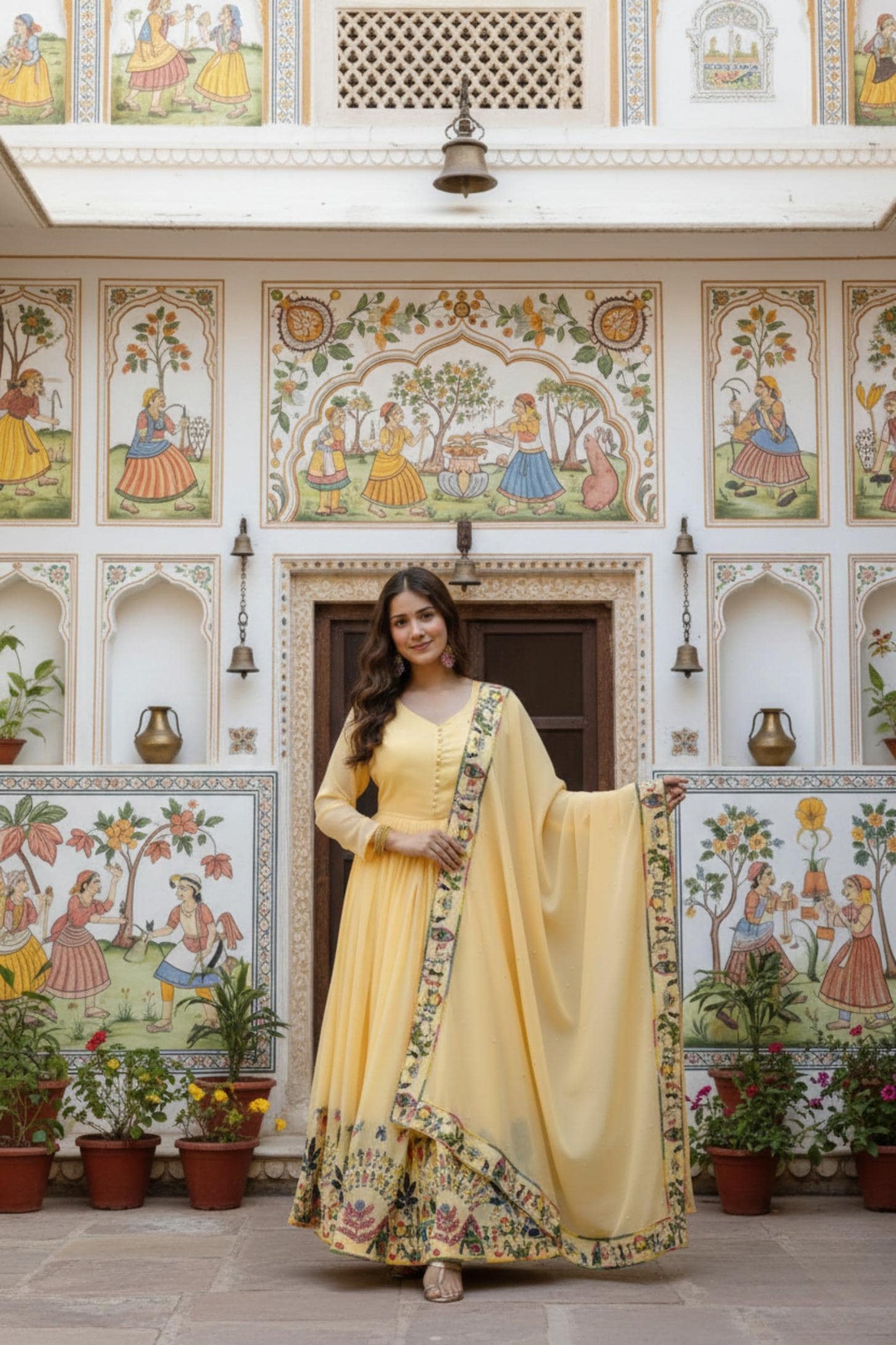Yellow & Purple Faux Georgette Anarkali Gown with Printed Border Dupatta Set
