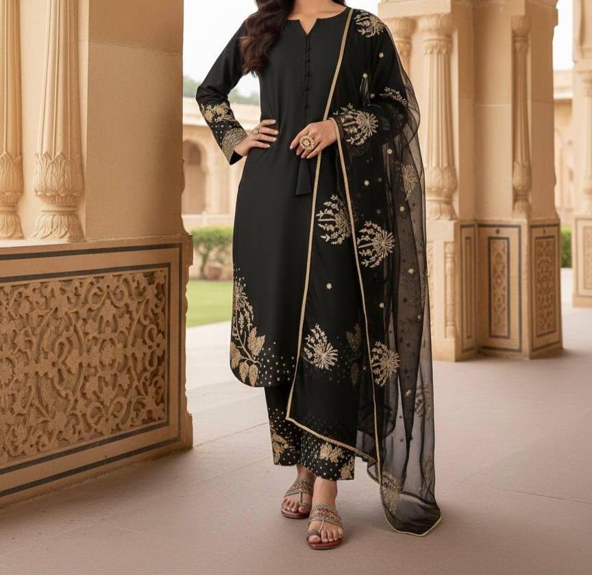 Designer Black Faux Georgette Embroidered Farsi Shalwar Suit With Dupatta Set For Women