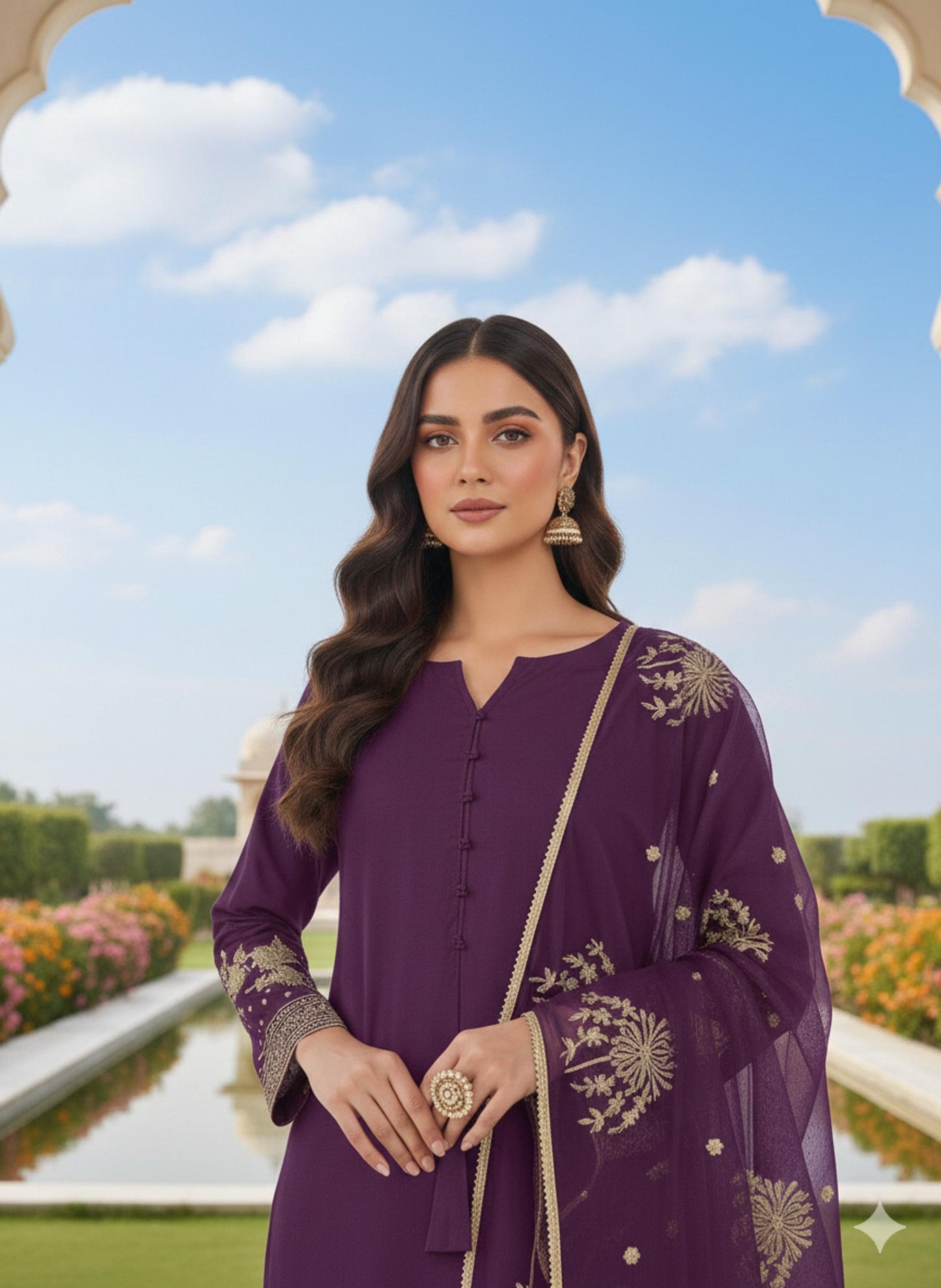 Purple Embroidered Kurti Palazzo Set with Organza Dupatta | Ethnic Suit