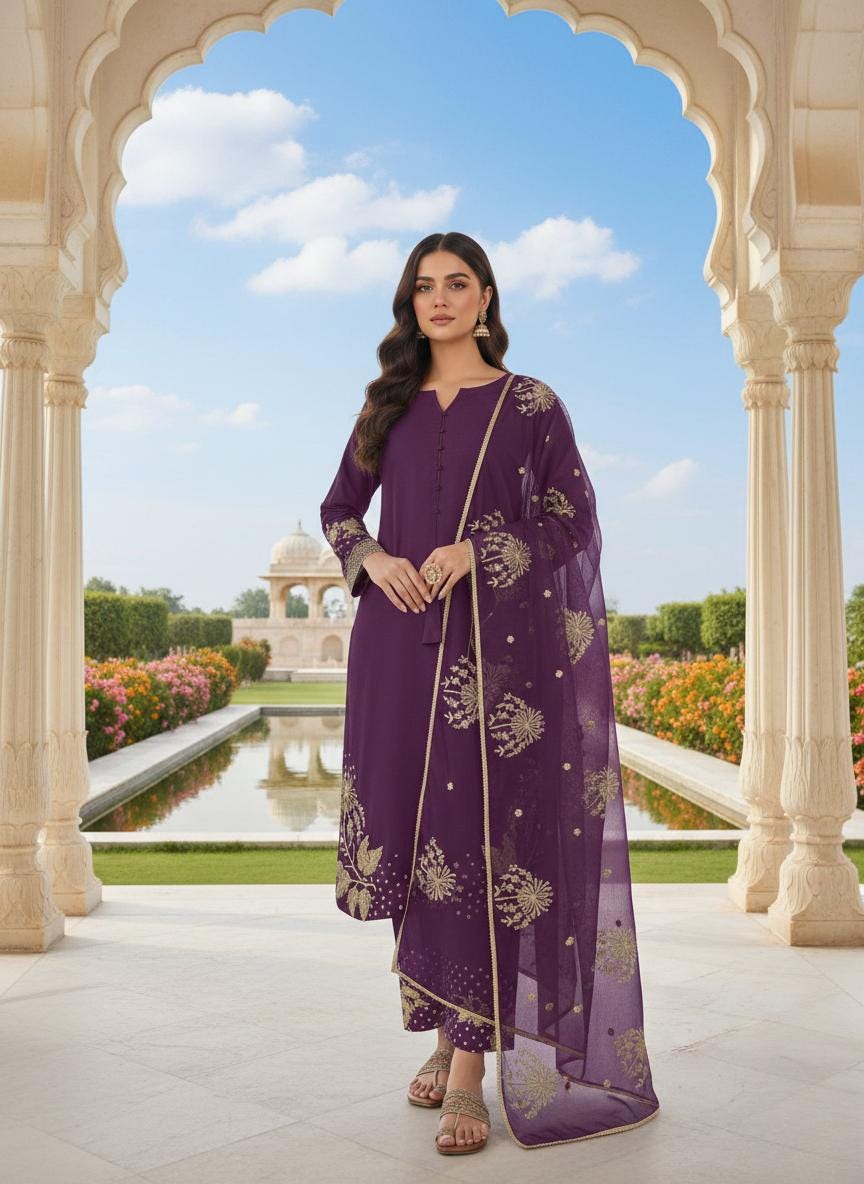 Purple Embroidered Kurti Palazzo Set with Organza Dupatta | Ethnic Suit