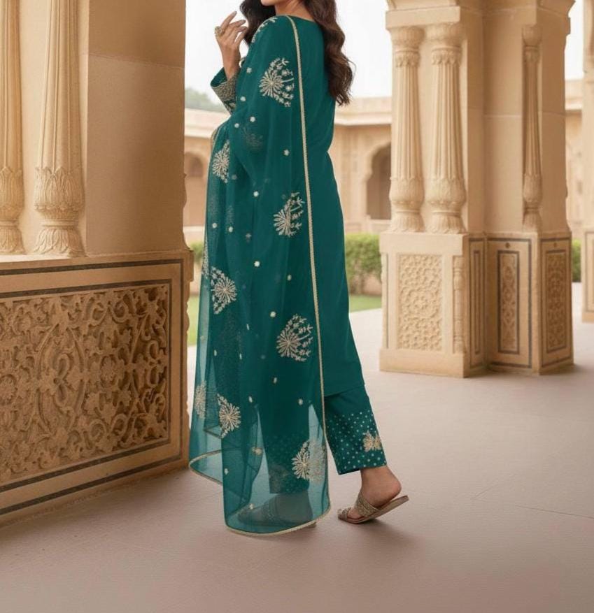 Designer Teal Embroidered Kurti Palazzo Set with Organza Dupatta | Women's Ethnic Suit