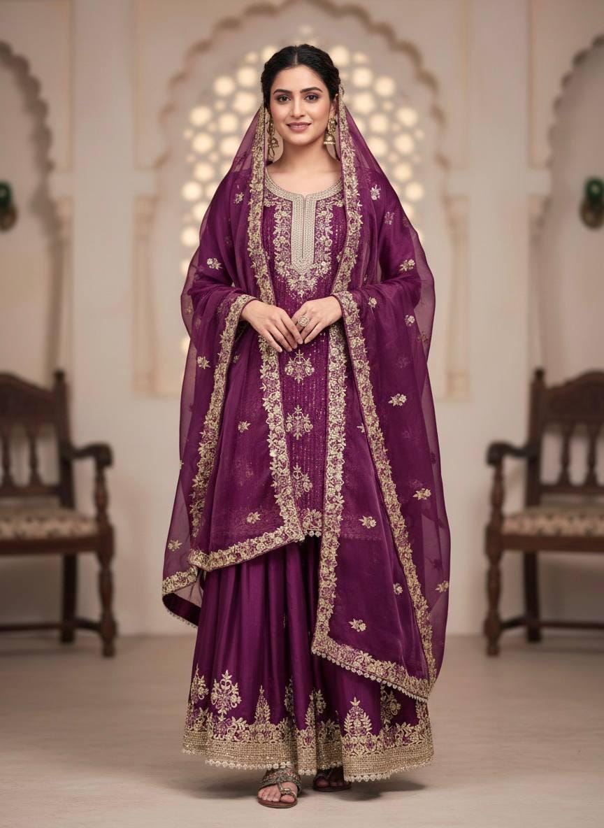 Stylish Purple Embroidered Palazzo Suit with Dupatta Set | Ethnic Outfit for Women