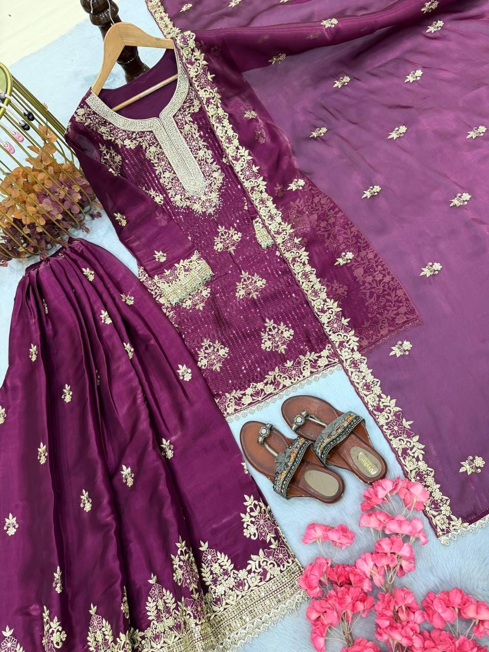 Stylish Purple Embroidered Palazzo Suit with Dupatta Set | Ethnic Outfit for Women