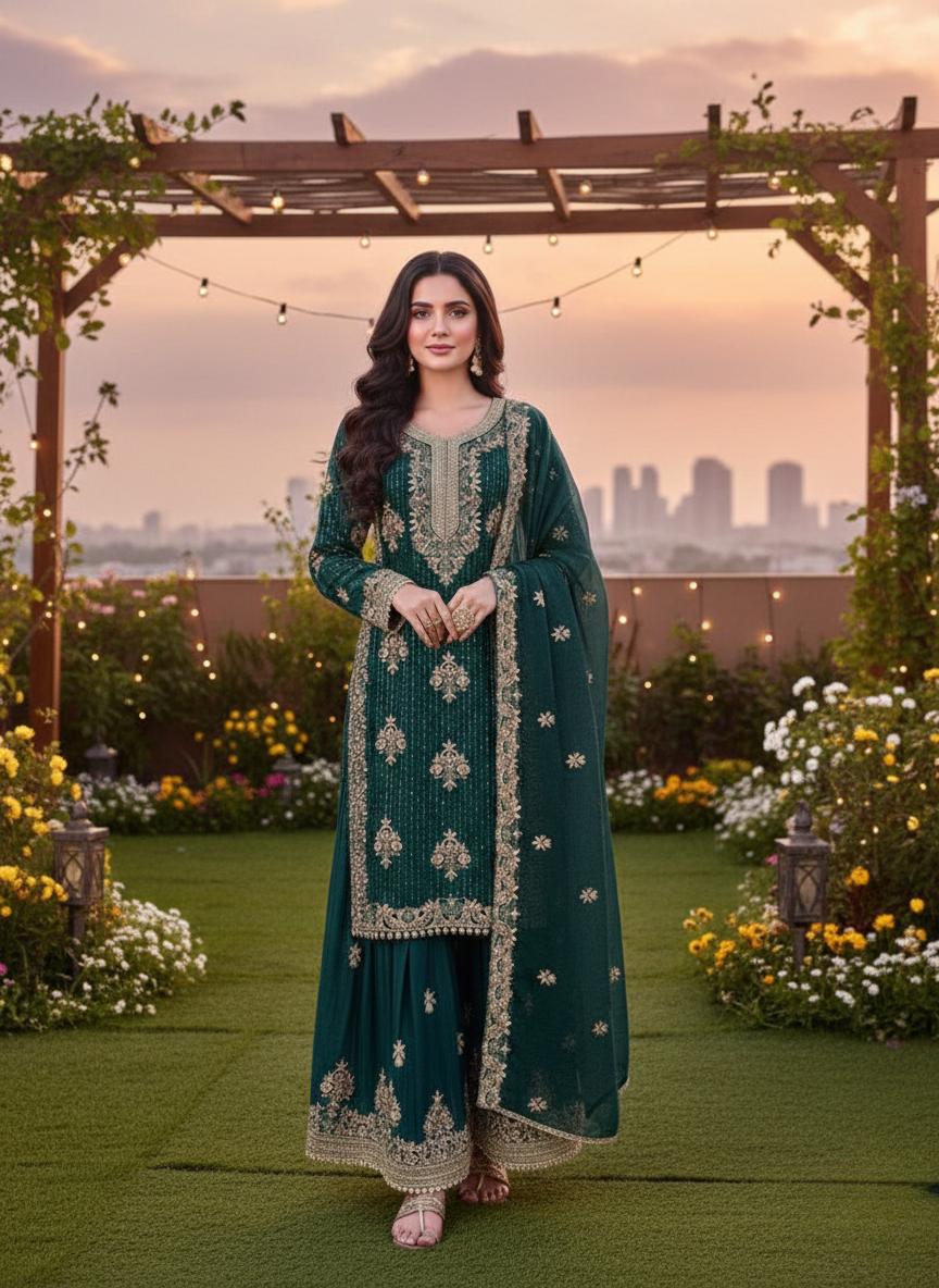 Elegant Green Silk Top Palazzo Set with Heavy Embroidery & Dupatta