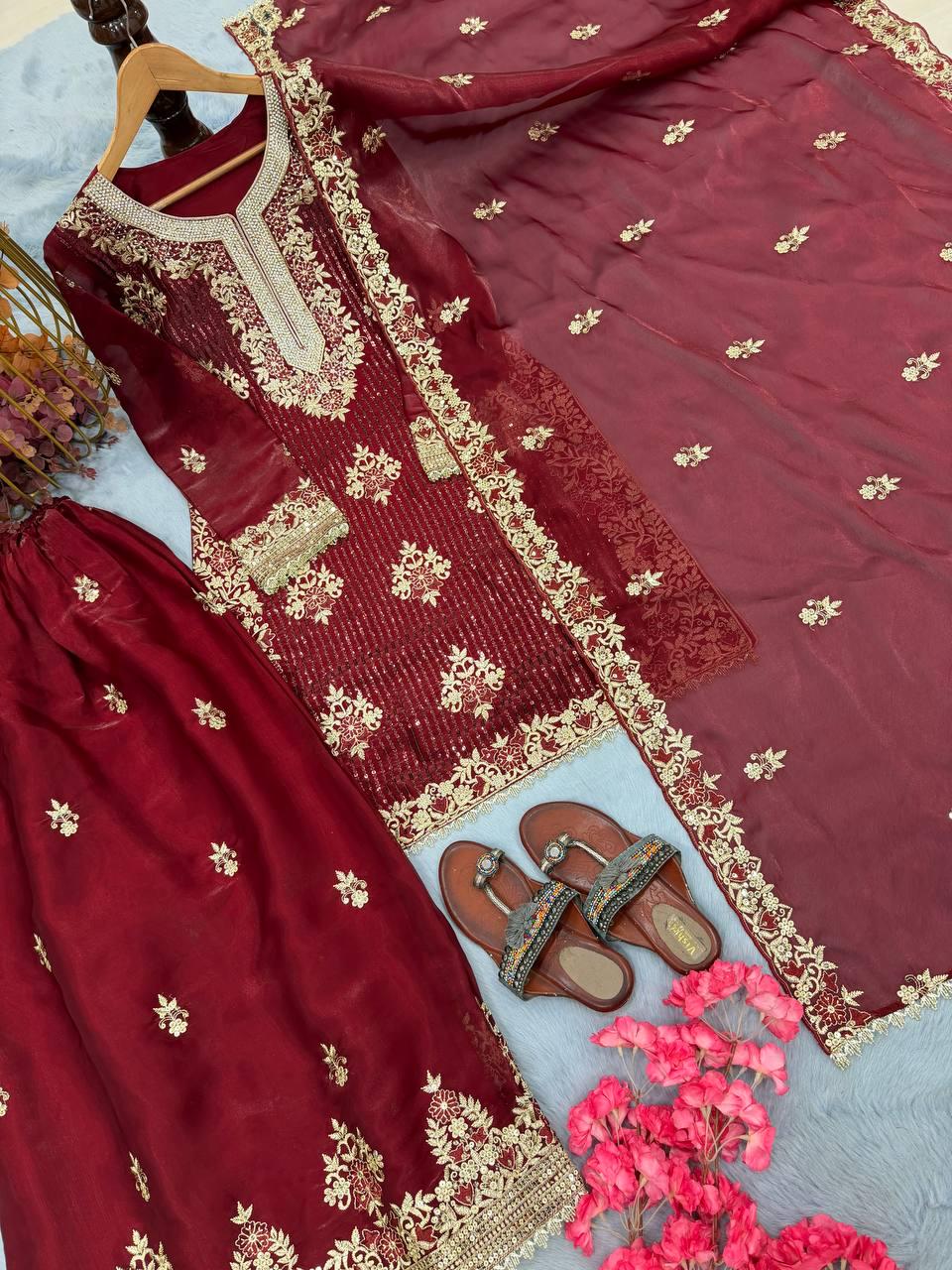 Designer Maroon Silk Top Palazzo Set with Heavy Embroidery & Dupatta – Traditional Wedding Dress
