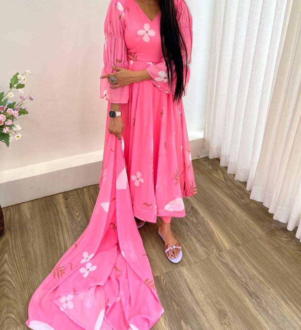 Georgette Pink Anarkali & Palazzo With Dupatta