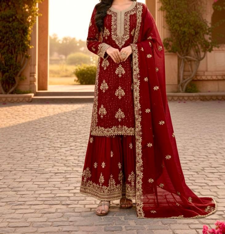 Designer Maroon Silk Top Palazzo Set with Heavy Embroidery & Dupatta – Traditional Wedding Dress