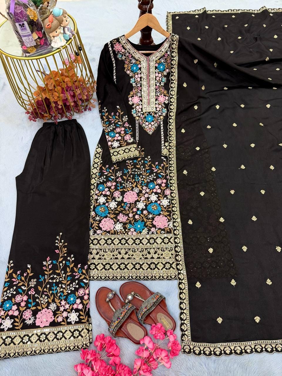 Black Indian Designer Silk Long Kurta & Palazzo With Dupatta
