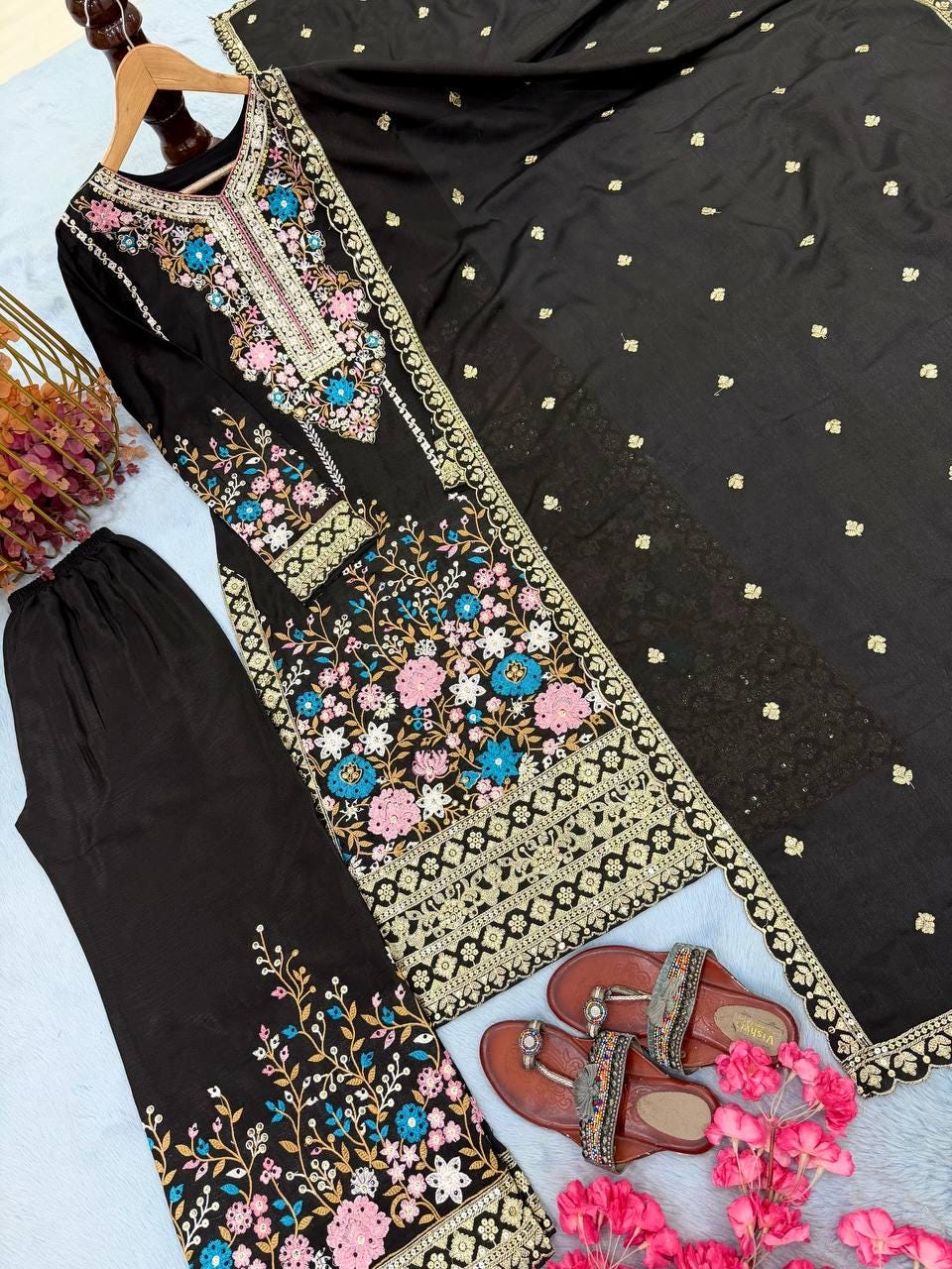 Black Indian Designer Silk Long Kurta & Palazzo With Dupatta