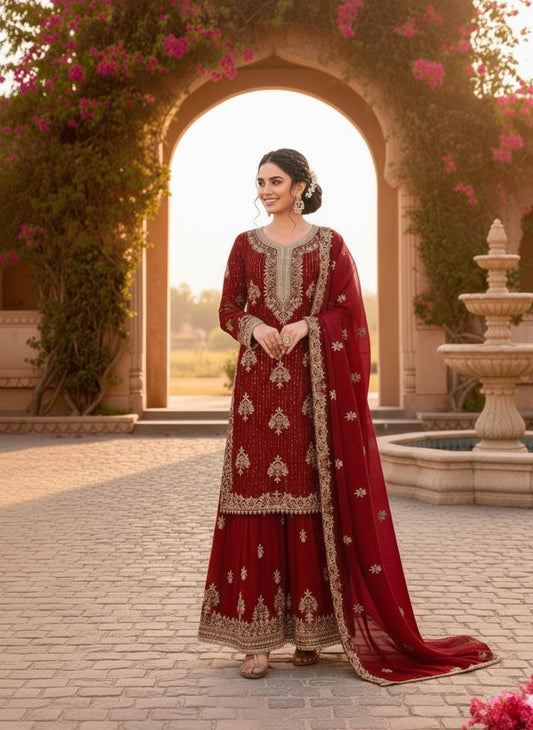 Designer Maroon Silk Top Palazzo Set with Heavy Embroidery & Dupatta – Traditional Wedding Dress