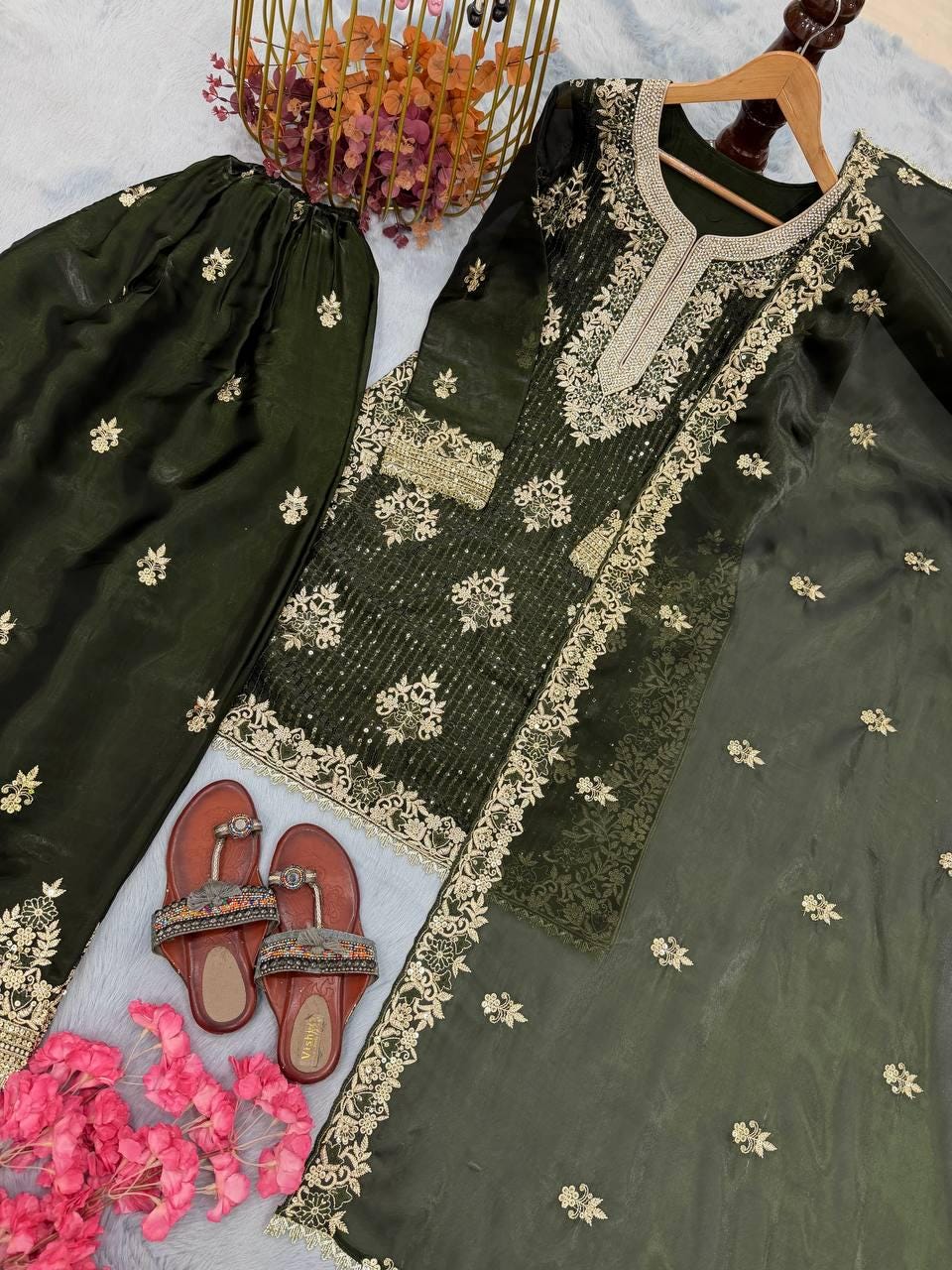 Olive Green Designer Embroidered Top Palazzo Dupatta Set – Wedding & Festive Wear