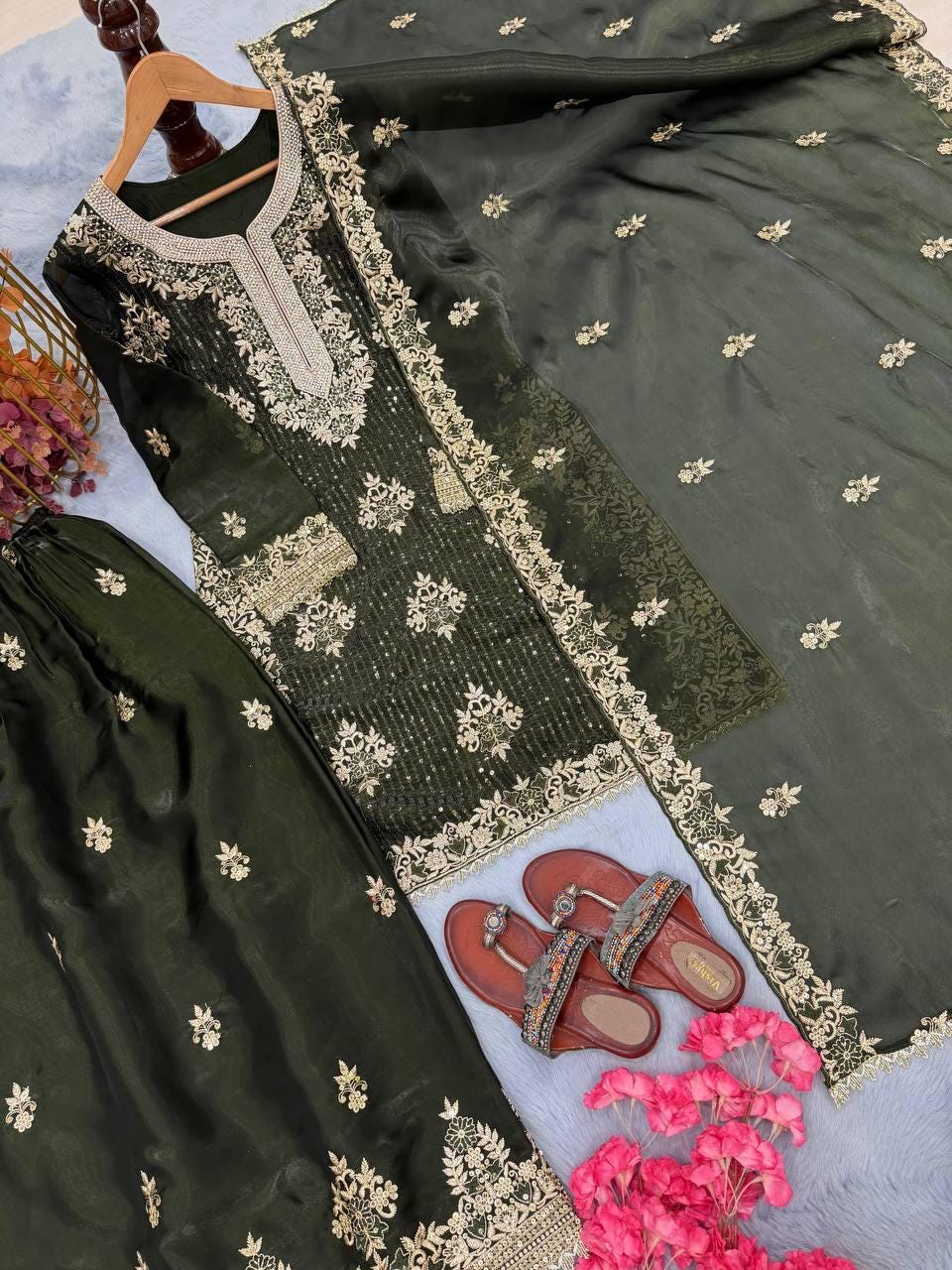 Olive Green Designer Embroidered Top Palazzo Dupatta Set – Wedding & Festive Wear