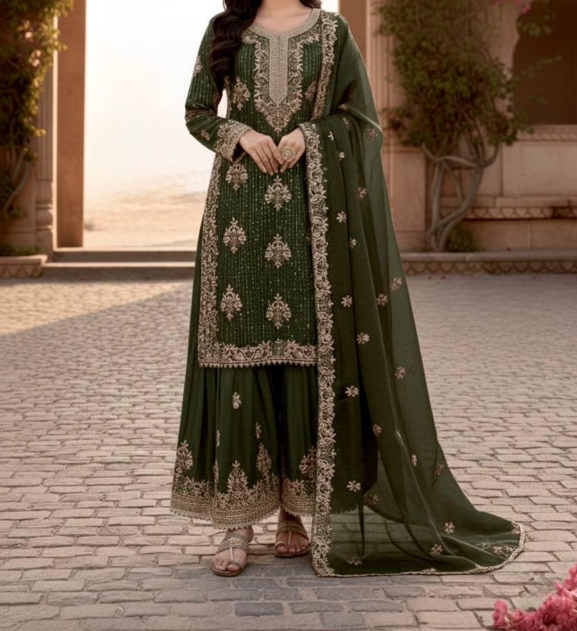 Olive Green Designer Embroidered Top Palazzo Dupatta Set – Wedding & Festive Wear