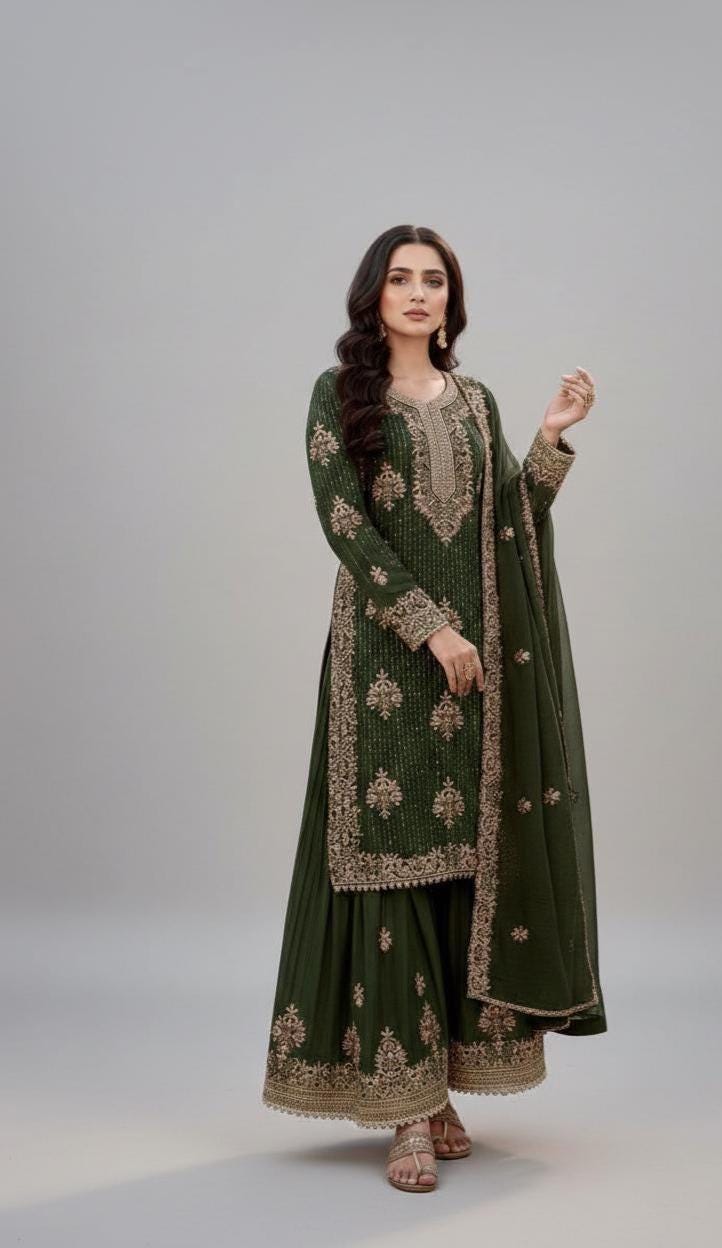 Olive Green Designer Embroidered Top Palazzo Dupatta Set – Wedding & Festive Wear