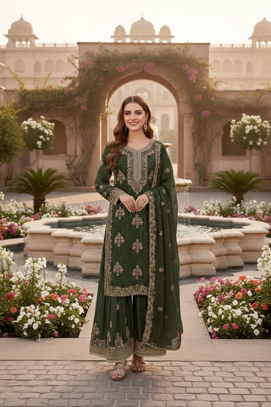 Olive Green Designer Embroidered Top Palazzo Dupatta Set – Wedding & Festive Wear