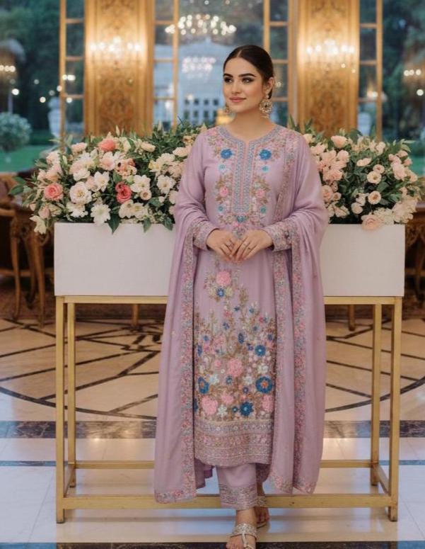 Floral Embroidery Kurta Palazzo Set with Dupatta – for Women