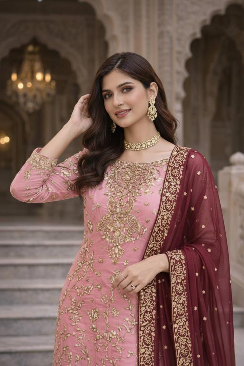 Pink Silk Gold Embroidered Salwar Suit – Maroon Dupatta Pakistani Wedding Outfit