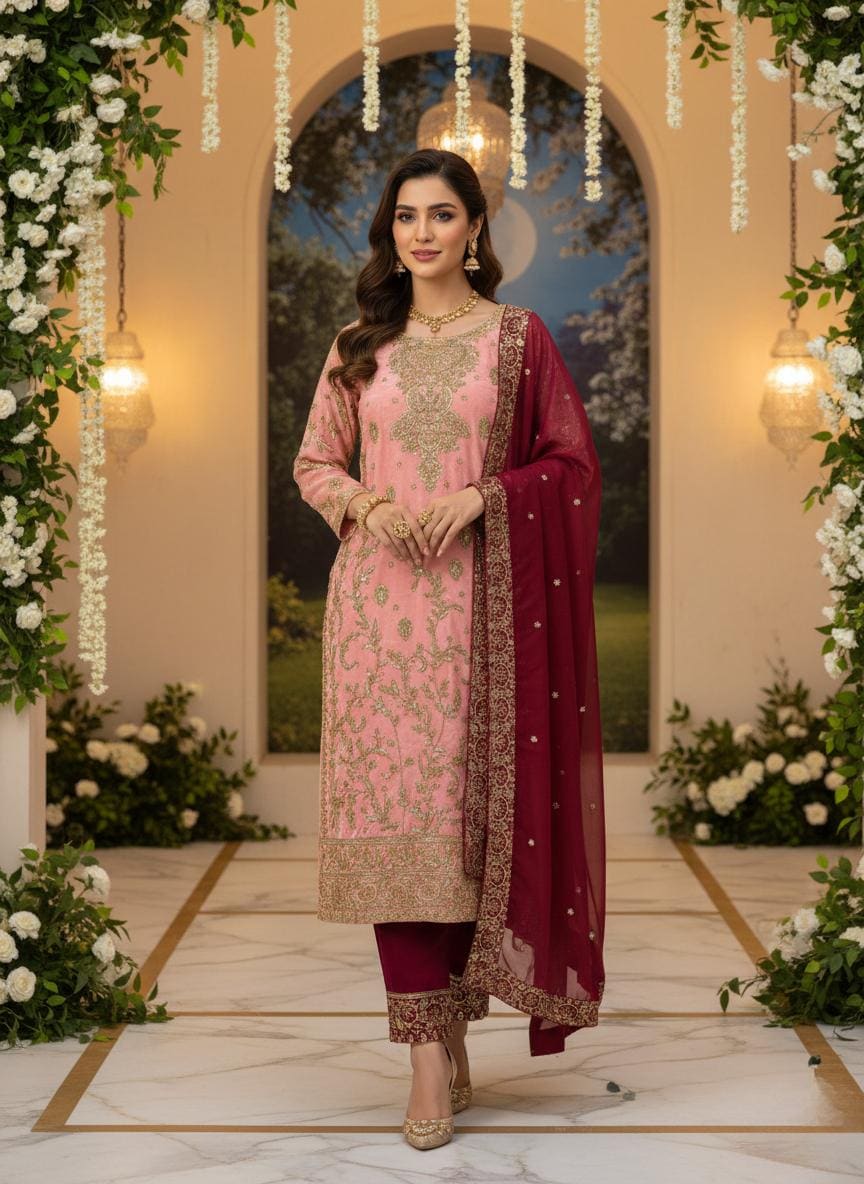 Pink Silk Gold Embroidered Salwar Suit – Maroon Dupatta Pakistani Wedding Outfit