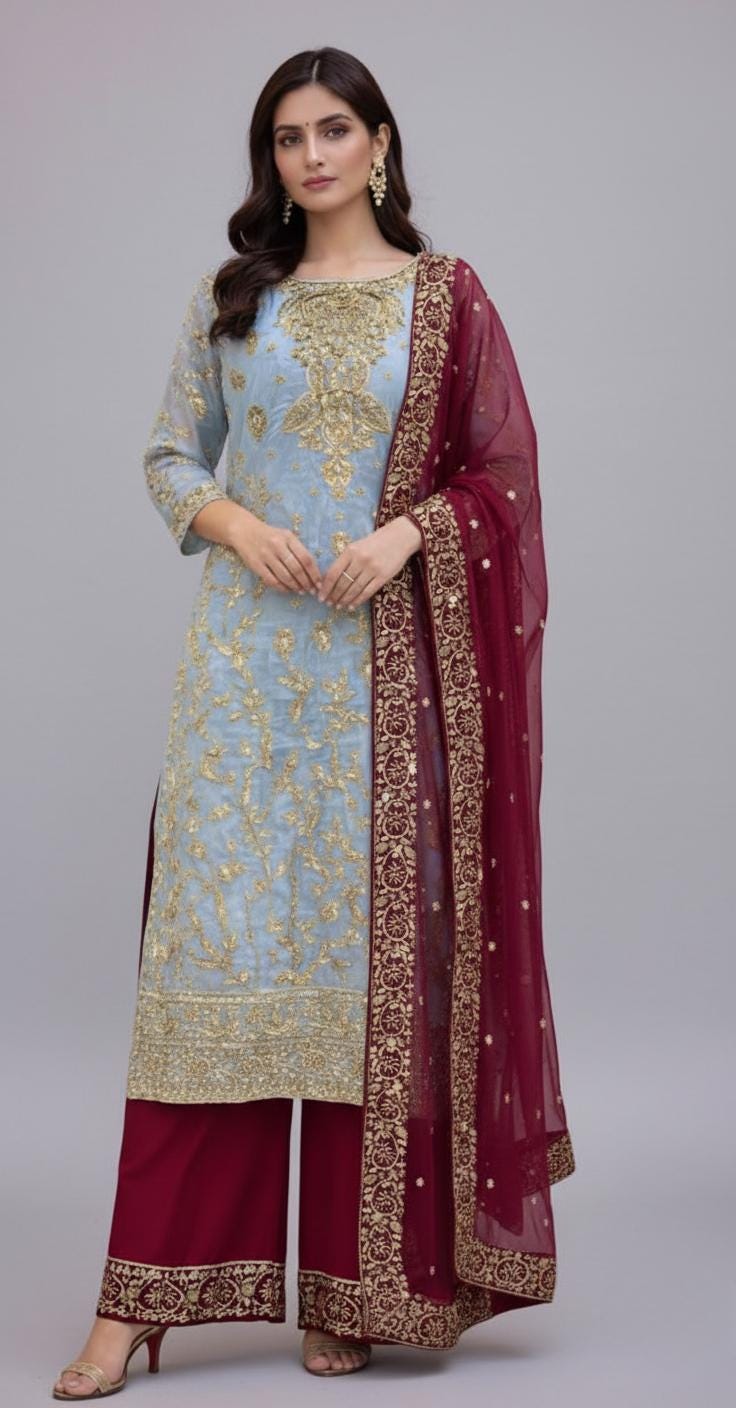 Embroidered Silk Kameez with Red Palazzo Pants and Dupatta – Festival Wear