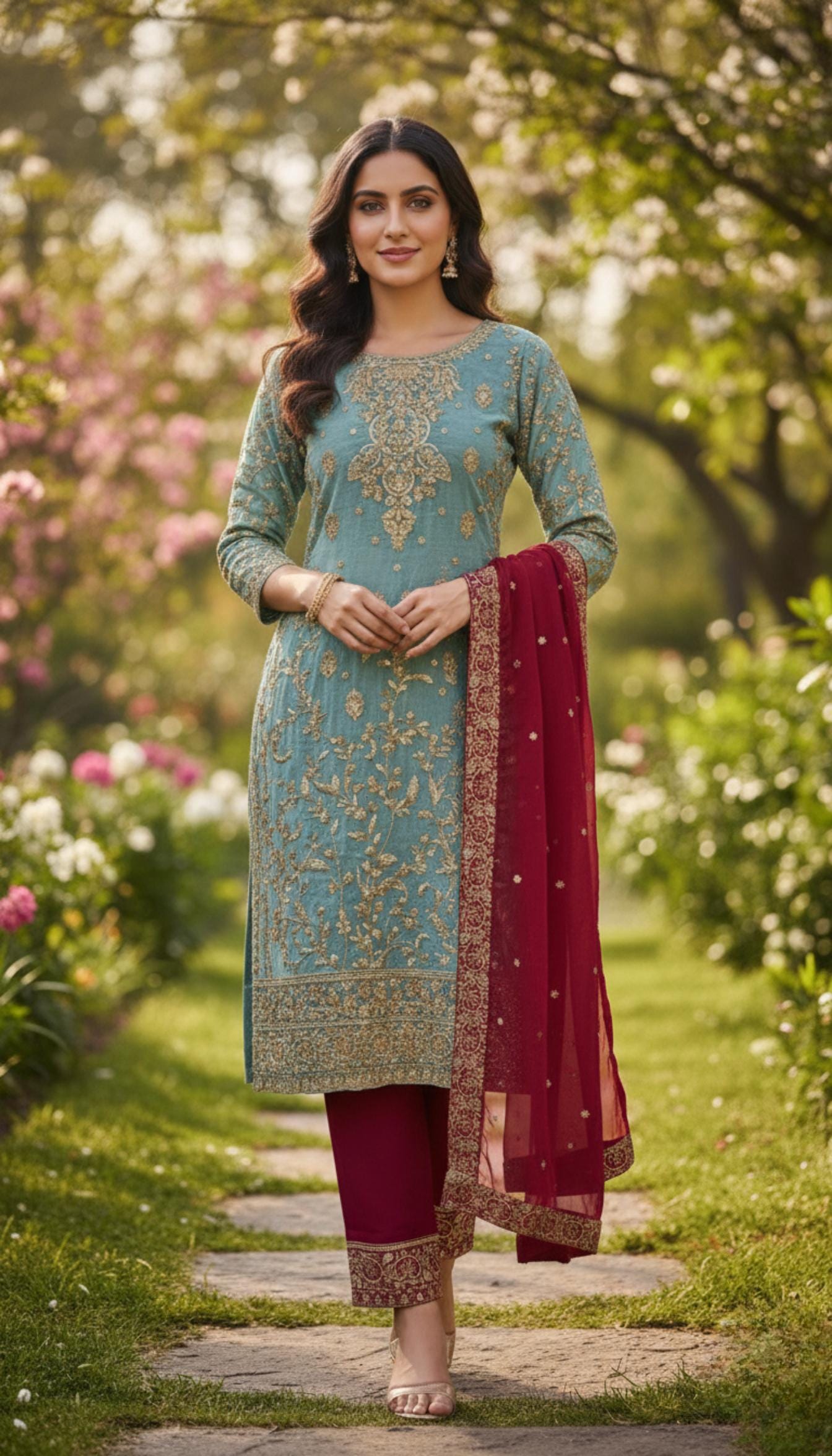 Teal Blue Silk Kurti with Heavy Gold Embroidery &Contrast Dupatta - Wedding Festive and Wear