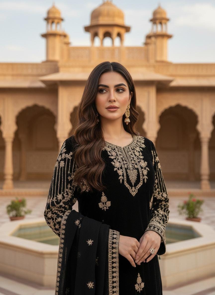 Pakistani Black Gold Embroidery Kurta & Palazzo Suit With Matching Dupatta Set