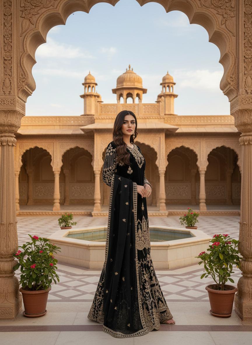 Pakistani Black Gold Embroidery Kurta & Palazzo Suit With Matching Dupatta Set
