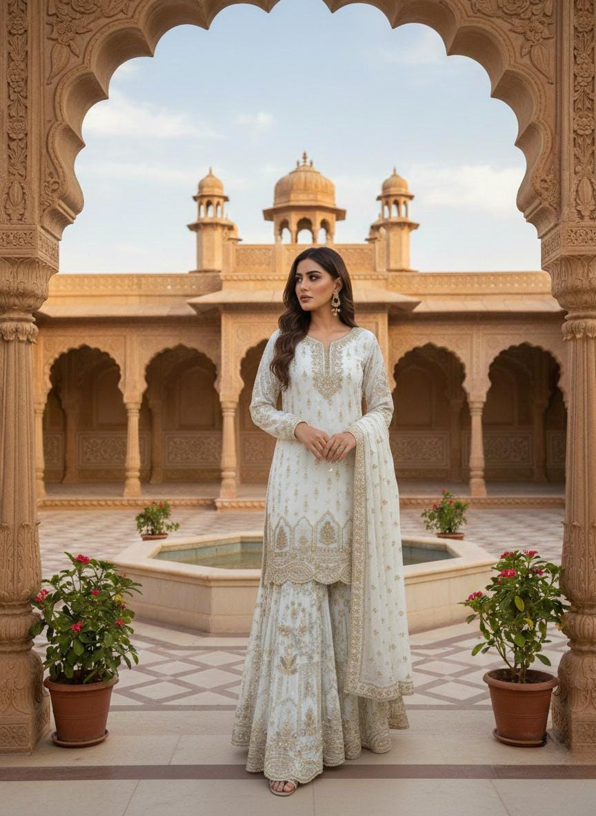 Elegant White Designer Kurti  & Sharara Set with Gold Work